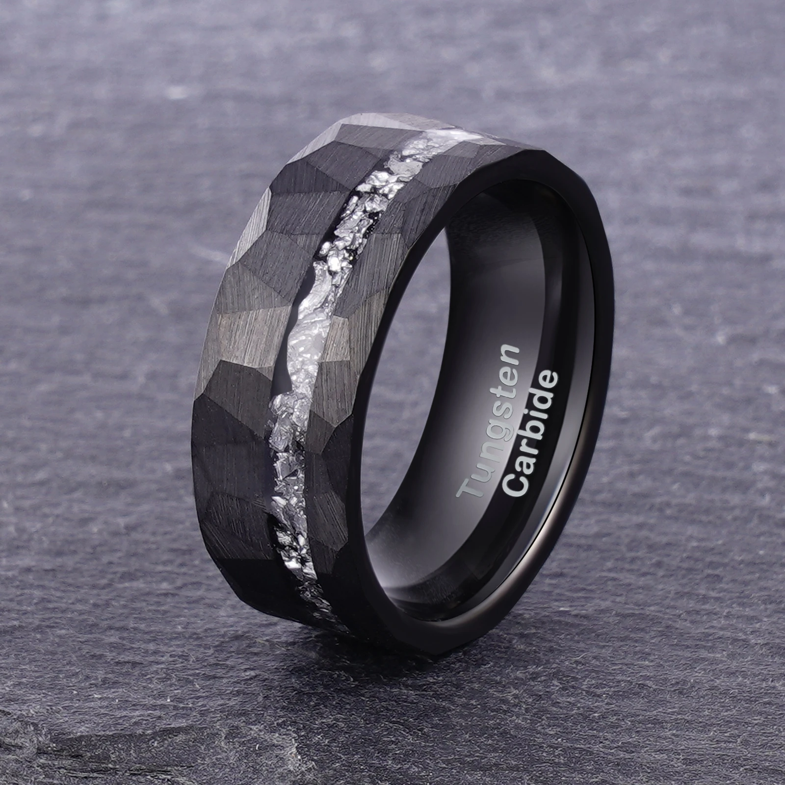 

Wholesale 8mm Brushed Hammered Black Tungsten Ring With Meteorite Shavings Inlay
