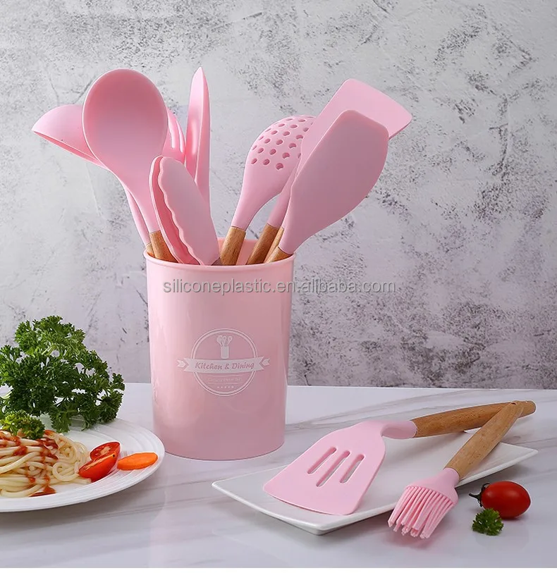 

China factory direct selling custom silicone kitchen utensils set with wooden handle, Customized color