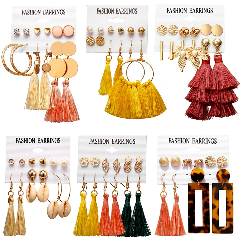 

Wholesale Fashion 6 Pairs Ethnic Bohemian Geometric Tiny Stud Tassel Pendant Women Girls Boho Earrings Set Jewelry For Ladies, Color plated as shown