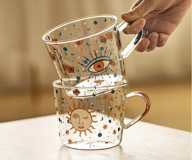 

Creative Scale Breakfast Milk Cafe Household Couple Water cute Cups Sun Eye borosilicate beer shot Glass coffee Mug with handle, Double wall cup