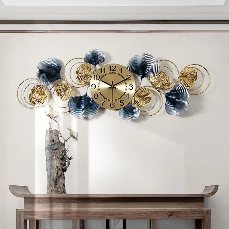 

Modern Creative Long Design Wall Clock Metal Ginkgo Wall Art Decoration Clocks For Home, As photo