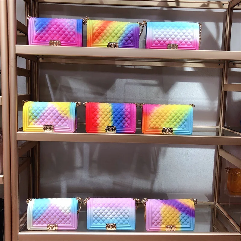 

summer wholesale Colorful rainbow women jelly bag purses and handbags pvc ladies chain Rainbow handbags fashion jelly bags