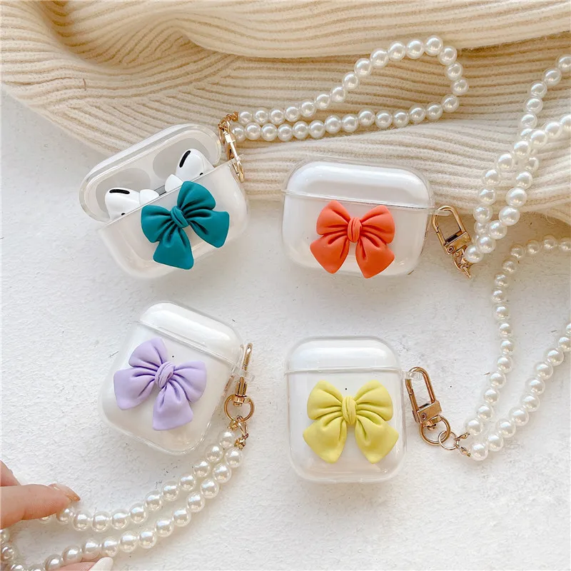 

3D transparent soft silicone bow For Airpods Pro Case For Airpod Case For Design with pearl bracelet For Airpods Case