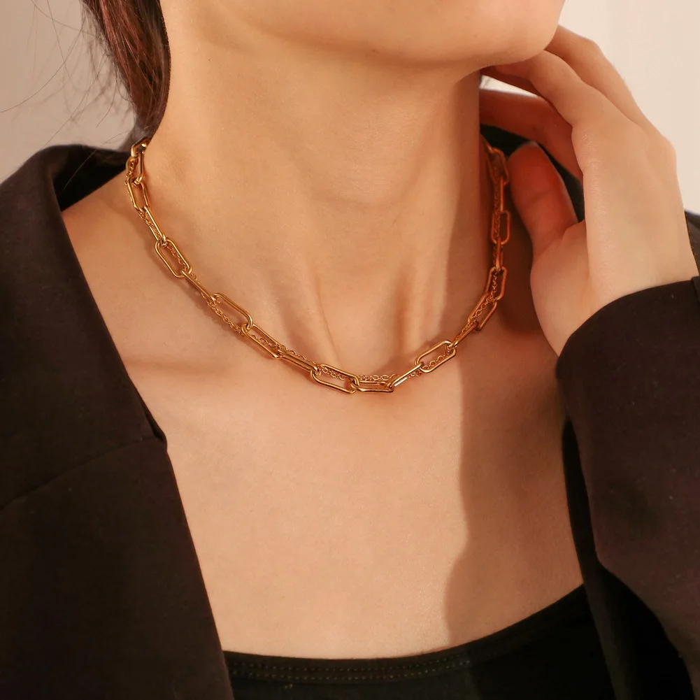 

Vintage 18K Gold Stainless Steel Chunky Choker Necklace Simple Link Chain Chokers Necklace Jewelry, Silver