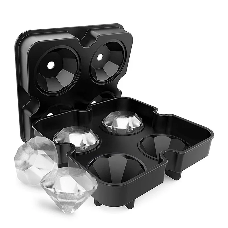 

4 Cavities Big Ice 3d Shape Mold Special Whiskey Beer Food Grade Silicone Diamond Ice Cube Tray, Black