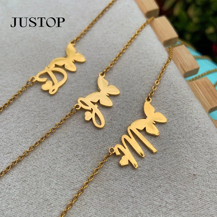 

Hot Sale Gold Custom Letter Initial Letter Butterfly Necklace 18k Plated Stainless Steel Letter Initial Necklace