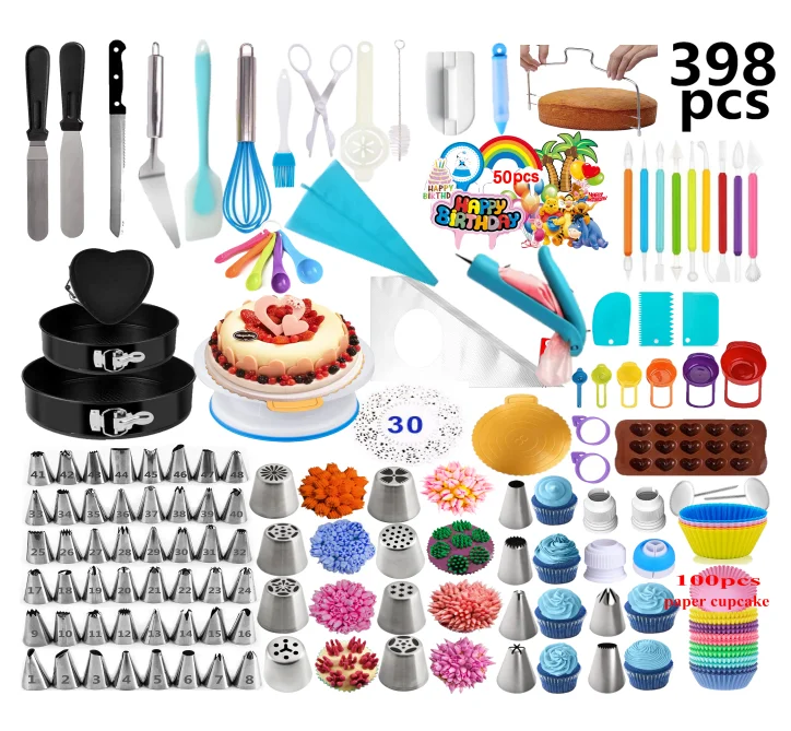 

Low MOQ 398 PCS and More Than 100 PCS Complete Cake Baking Supplies Kit Cake Stand Turntable Cake Decorating Tools Set