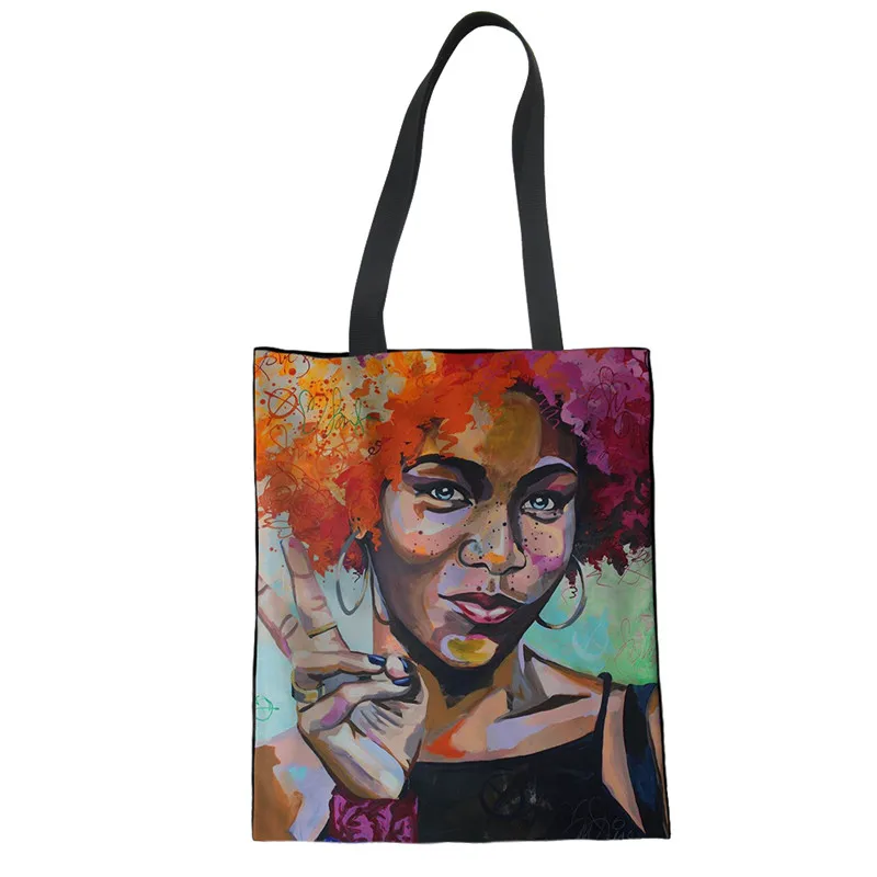 

Fashion Cartoon Afirican Girl Print Cotton Canvas Handbag Canvas Tote Handbag Shoulder Handbag, Customizable