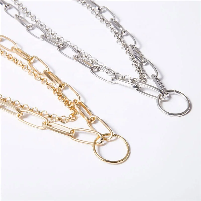 

Fashion Multi-layered Necklace Simple Metal alloy Gold Color double Thick chain Round Pendant Handsome Choker Jewelry For Women, Photo