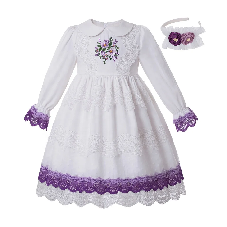 

PETTIGIRL Dresses Children Girl White Long Sleeve Girls Frock Flower Floral Kids Fashionable Clothing with Head Wear