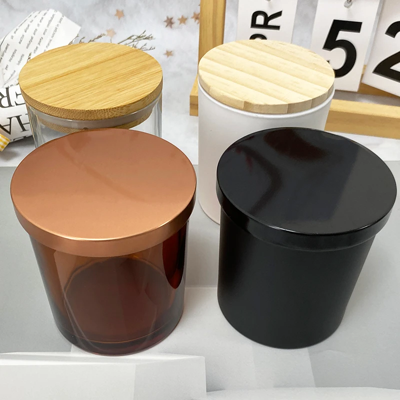 

New Arrival Transparent Frosted Cylinder Shape White Black Brown Candle Cup 300ml Glass Candle Jar with Lid