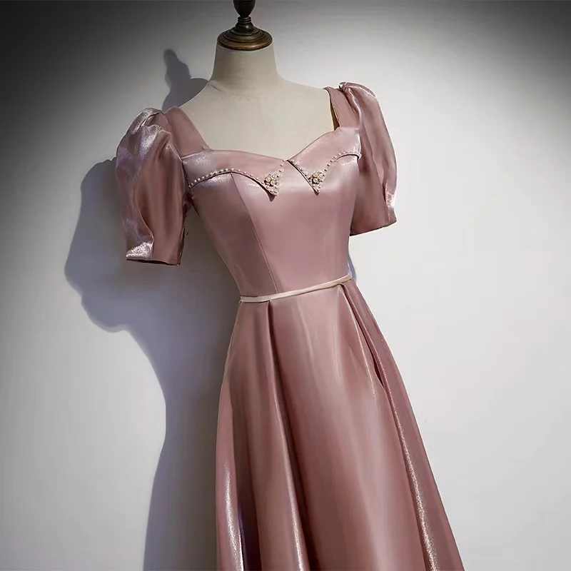 

Blush Pink Prom Dresses Satin Pearl Puff Sleeve Sweetheart Collar A-Line Vintage Backless Bandage Bridesmaid Evening Party Gowns