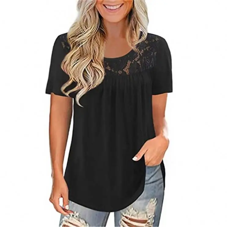 

Wholesale New Women'S Plus Size Short Sleeve Lace Pleated Shirts Solid Summer Blouses Tunic Tops S-4Xl