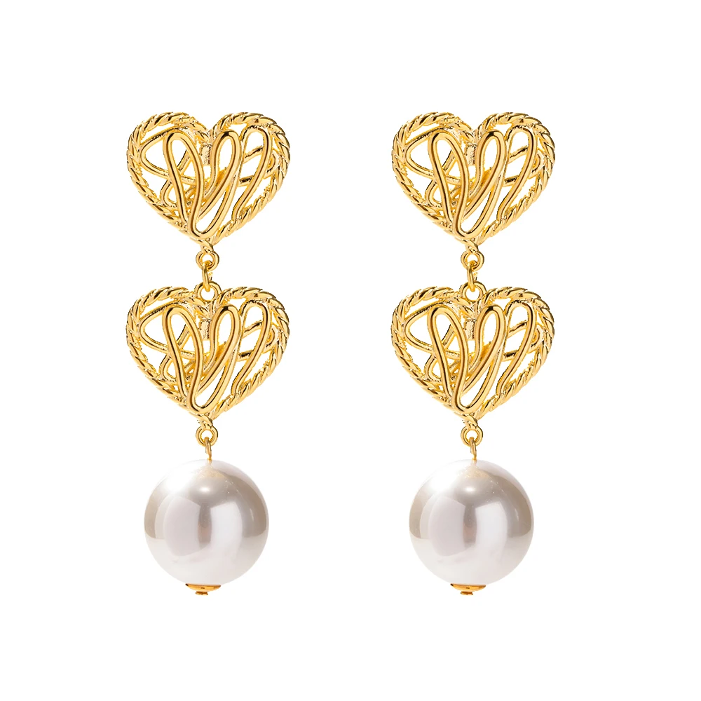 

New Arrival Brass Fashion Jewelry Filigree Flower Shell Pearl Heart Drop Earring for Girls