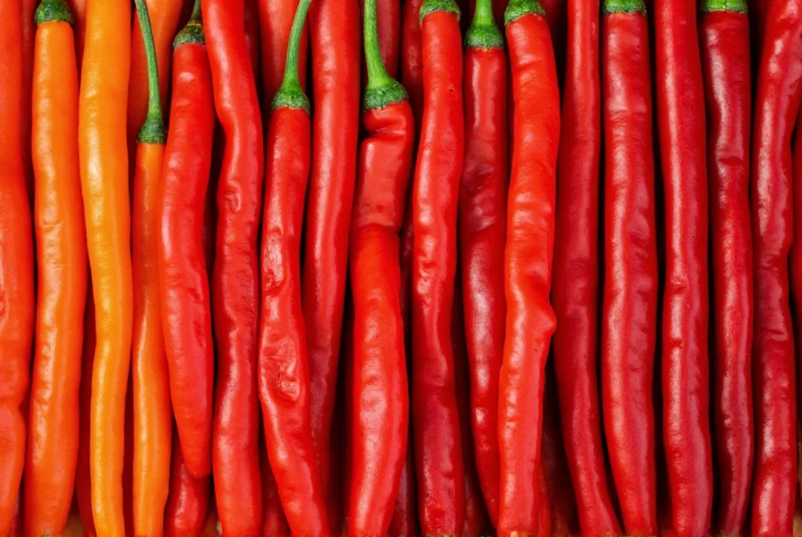Close-up photography of various red hot pepper varieties arranged by heat level from mild to extreme, showing color variations and physical characteristics