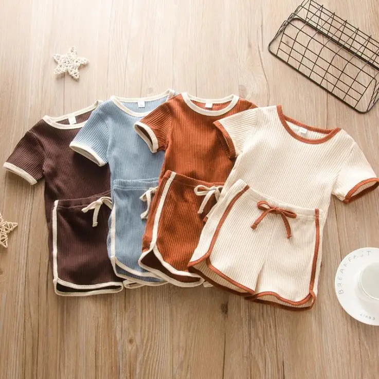 

Amazon Wholesale Children's Clothing Summer Short Sleeved Baby Top And Pants Two Pieces Suit Baby Boy's and Girl's Clothing Sets, Blue/beige/brown/dark brown