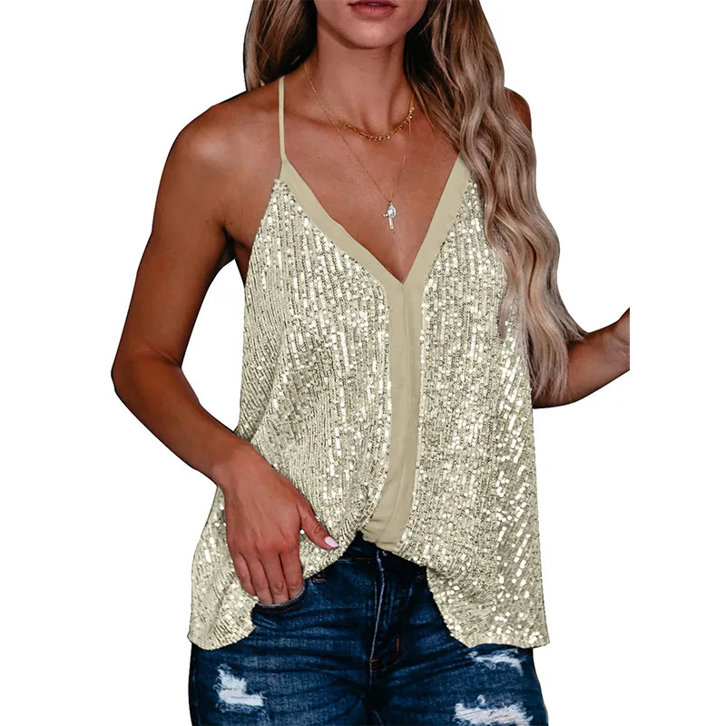 

fashion sexy tank top Women's sleeveless sequined suspender blouse lace tank top