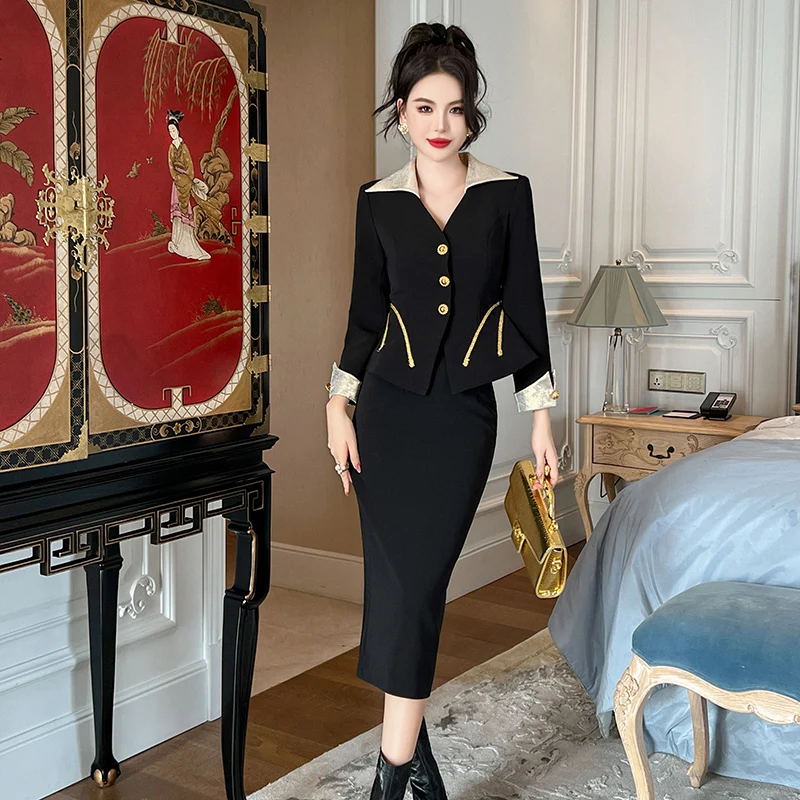 

ZYHT 30677 Black and Gold Long Sleeve Fitting Women Coat Skirt Set Female Work Wear Blazer and Midi Skirt Suit