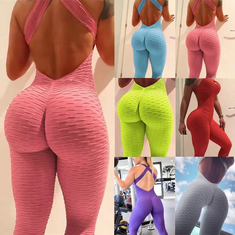 

Factory Supply 15 Colors Backless One Piece Jumpsuit V-neck Textured Romper Bodysuit Workout Bodycon Women Fitness Clothing, 15 colors available