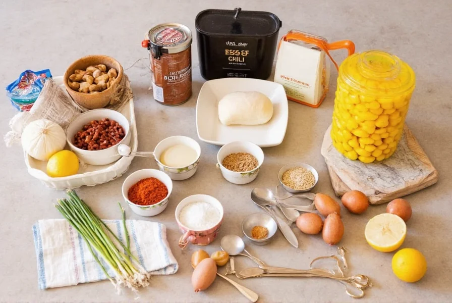Food Network chili recipe ingredients arranged neatly on kitchen counter with measuring spoons