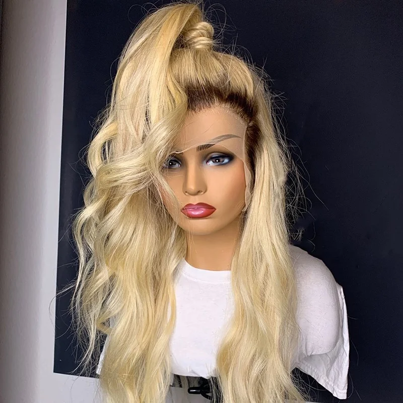 

Fashionable Long Blonde Human Hair Wigs Full Lace With Dark Roots Transparent Lace