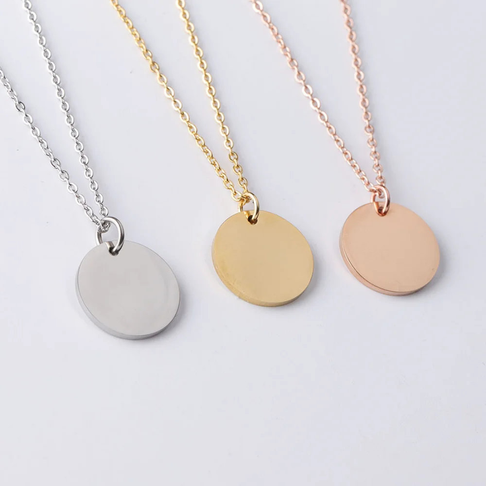 Women jewelry blank round disc pendant stainless steel gold plated custom name necklace