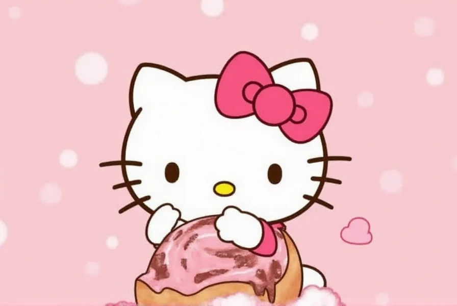 Hello Kitty wearing a chef's hat while holding a freshly baked cinnamon roll, surrounded by sprinkles and icing swirls, kawaii style digital illustration