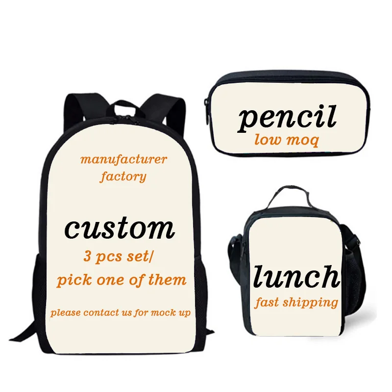 

Custom Print Design Photo Logo Lunch Bag Pencil 3 pcs pieces Pack Kids Custom Print School Backpack Bags Set