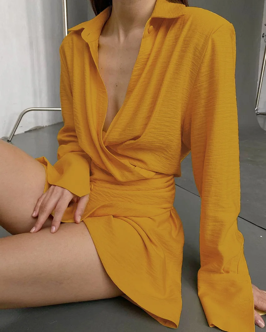 

2021 Fall New Sexy Long Sleeve Turn-down Collar V Neck Women Mini Dresses, 2colors