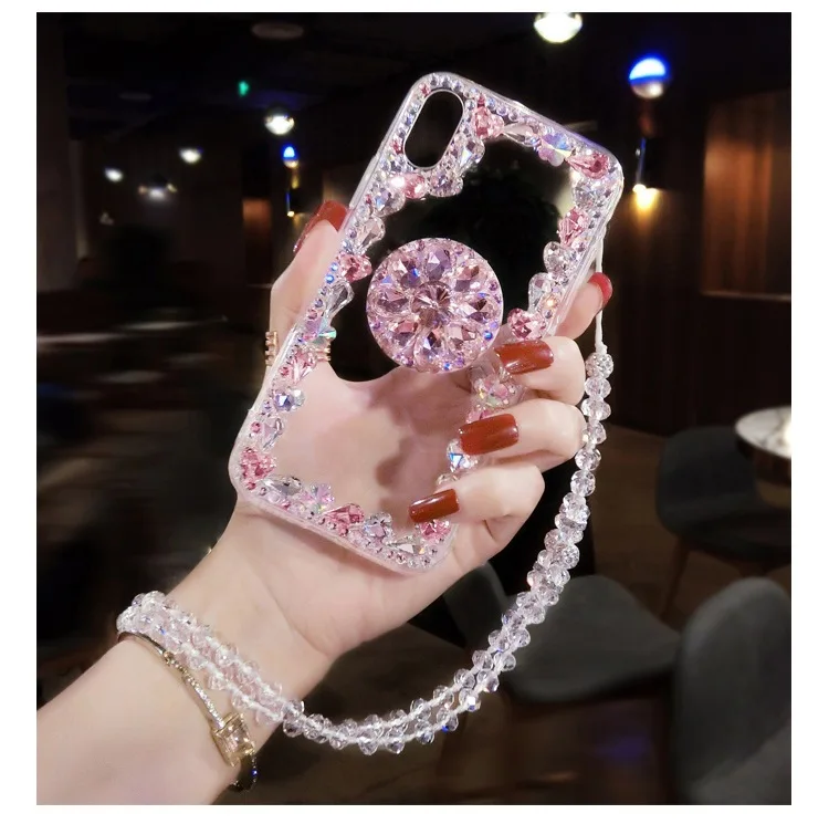 

3D Phone Case For Samsung Note 20 Ultra S20 Plus Expanding Grip Round Bracket Transparent Crystal Rhinestone Soft TPU Cover, As picture