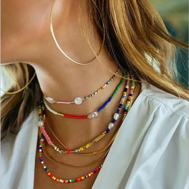 

custom Brand Handmade Jewelry Colorful Beads Necklace Women Bohemian pearl multi-layer clavicle chain Choker Necklaces