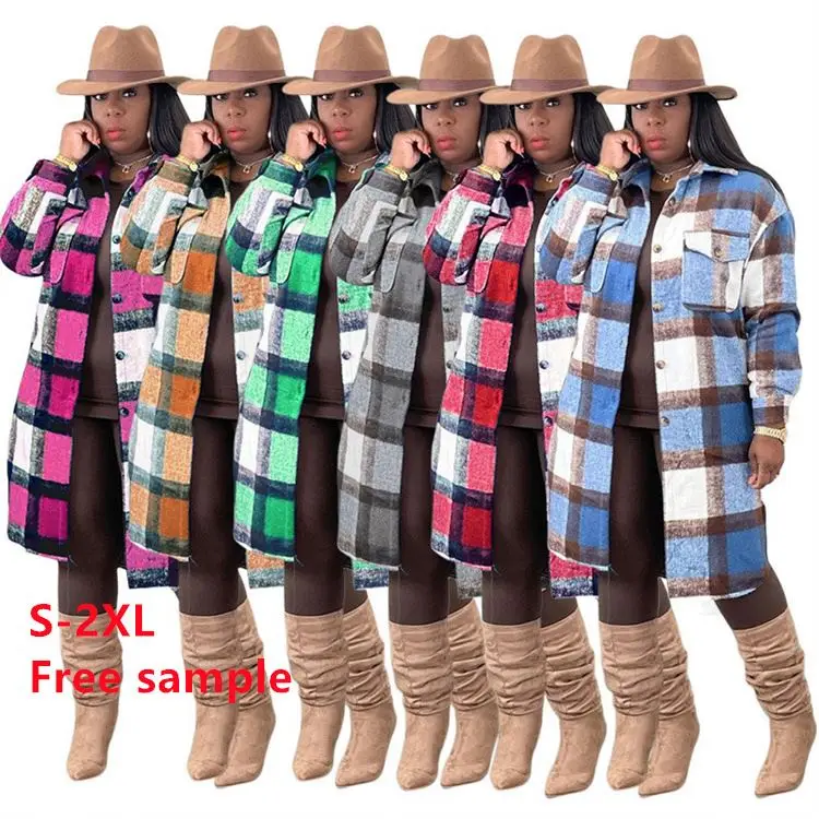 

Plus Size Women's Flannel Wool Shirt Jackets And Ladies Coats Woman's Trench Coat Women Long Plaid Jacket, Picture color