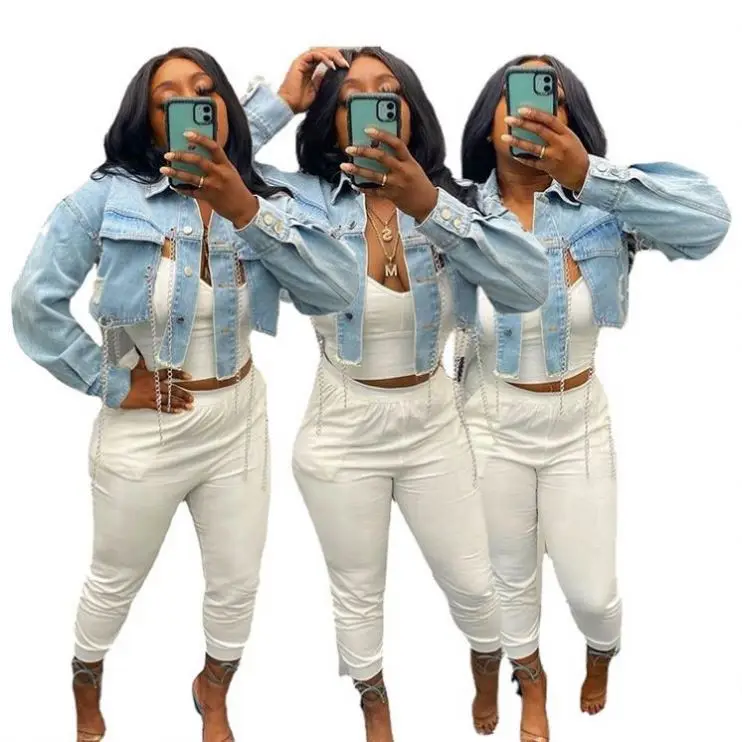 

Avril Hot Sale 2021 Newest Women Fashion Clothing Ladies Backless Chain Short Women Jacket Coats Women Denim Jacket