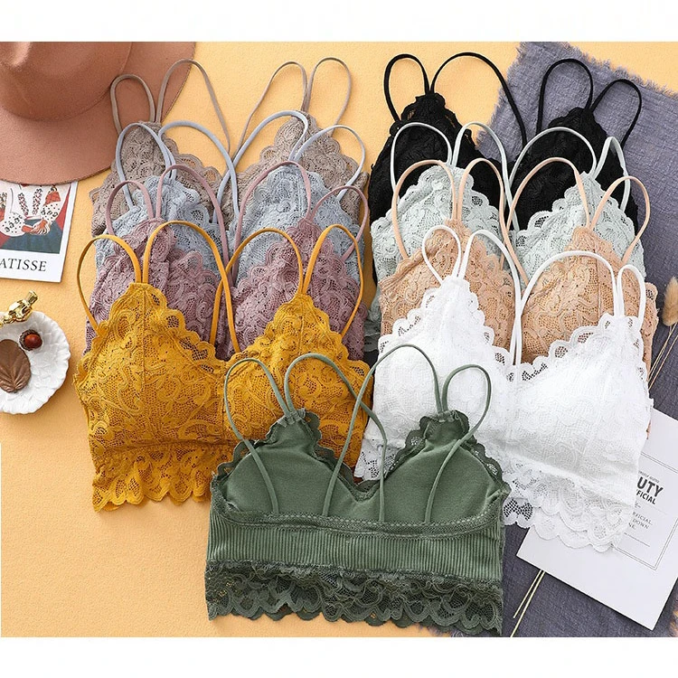 

Women Fitness Underwear Lace Bralette Crop Top Women Sexy Bra Lace Bralette Sexy Lingerie Wireless Padded Seamless Bra, As pics shown, custom color