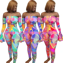 Hot sale ruffle sexy off shoulder jumpsuit women long sleeve print one piece bodycon outfit spring jumpsuits for women
