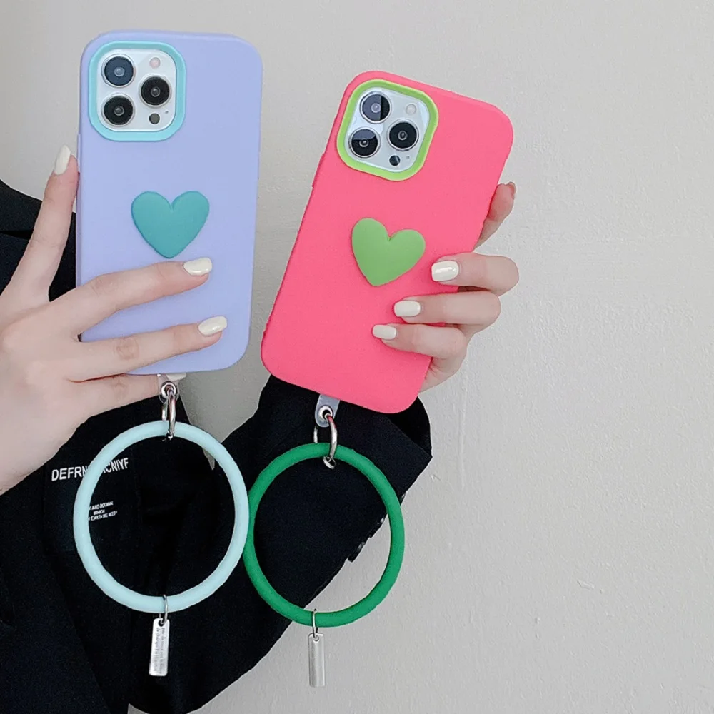 

Cute Girl Love Heart Ring Bracelet Phone Case For iPhone 13 12 11 Mini Pro Max 3 In 1 Phone Strap Holder Case For iPhone Xs Max