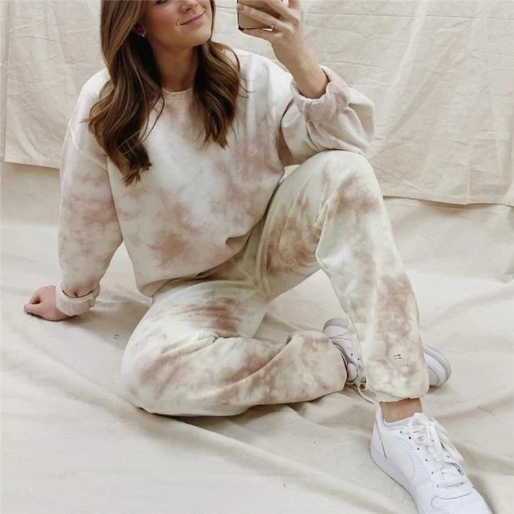 

2021 Long Sleeve Women Pink Tie Dye Leisure Wear Pajamas Set