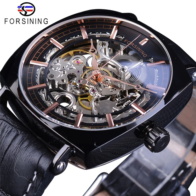 

FORSINING GMT1076 Classic Golden Luxury Skeleton Mechanical Watches Waterproof Black Genuine Leather Men's Watches Male Clock