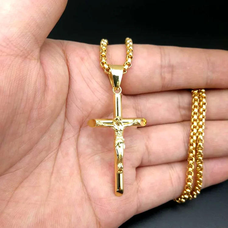 

Hot Selling Christian Jewelry Religious INRI Crucifix Jesus Cross Pendant Necklace Gold Color Stainless Steel Cross Necklace