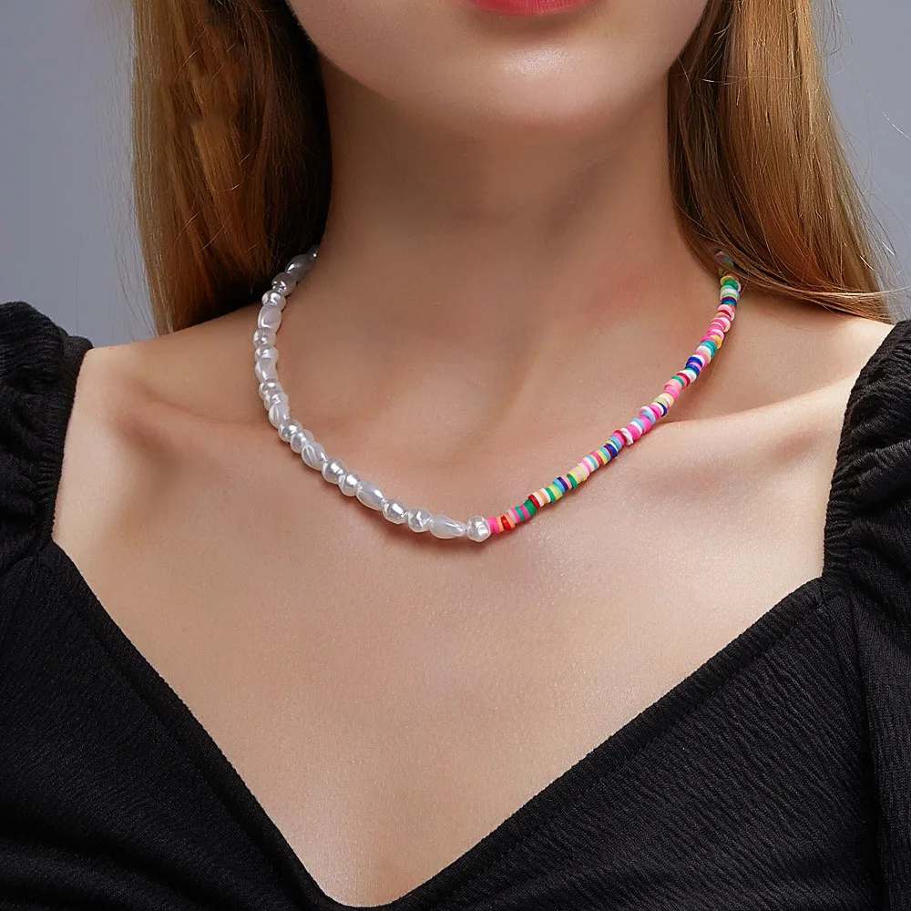 

Bohemian Style Colored Soft Clay Necklace, Natural Pearl Clavicle Chain, Ethnic Style Personality Contrast Collar