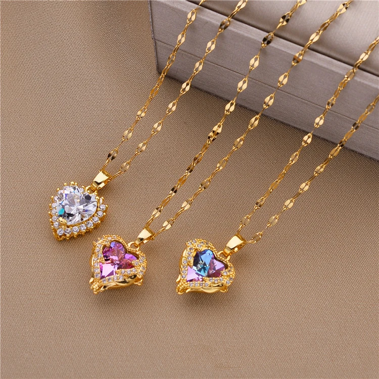 

Gorgeous and exquisite cz zircon heart-shaped pendant clavicle chain stainless steel colorful crystal ocean heart necklace