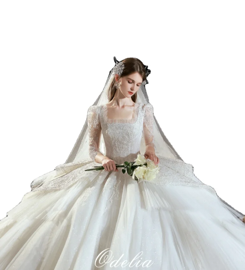 

ODELIA New Style Luxury Silk Solid Color Evening Gown Square Neck Puff Sleeve Princess Wedding dress