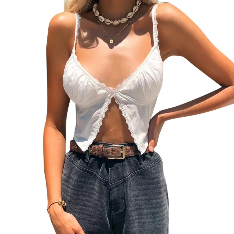 

2021 White Lace Backless Women Wholesale Sleeveless Summer Fashionable Sexy Crop Tops