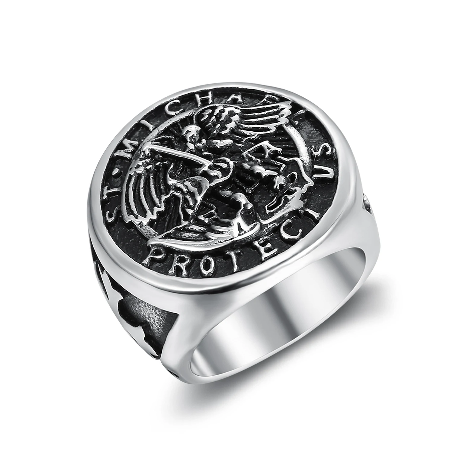 

2021 Trendy Jewelry Silver Battle Angel Ring Light ST. MICHAEL PROTECT US Words Signet Ring with Cross Pattern, Antique