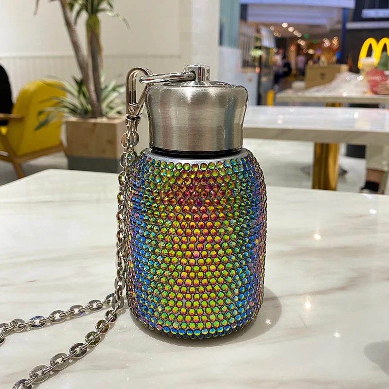 

Girls Mini Cute Diamond Crystal Stainless Steel Big Belly Cup Vacuum Flask Water Bottle With Chain