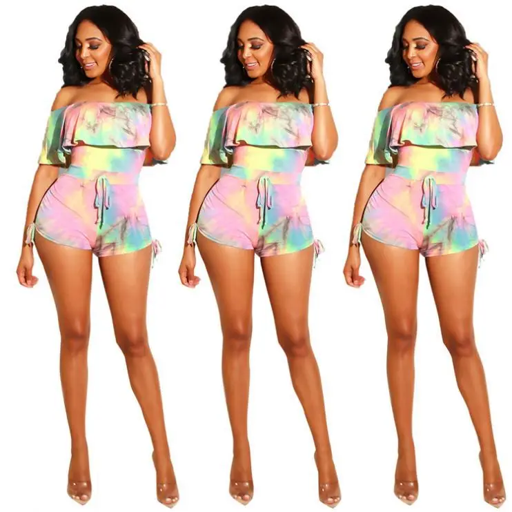 

2020 Fashion Summer Off Shoulder Ruffle Print Jumpsuit Woman Bodycon Short Rompers