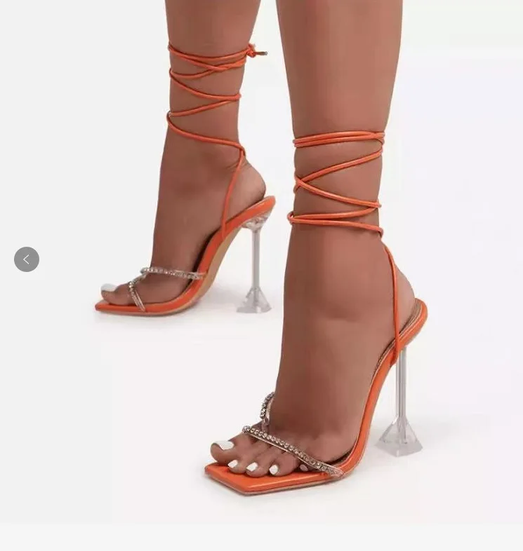 

2021 New Style Ladies Lace-Up Plus Size Square Toe Wine Glass Heel Womens High Heel Shoes Sandals