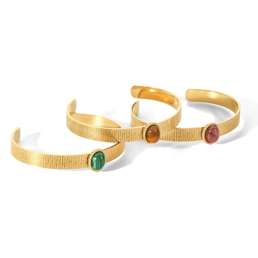 

Ins Popular 18K Gold Plated Natural Stone Insert Stainless Steel Bangles Multi-colors For Wearing