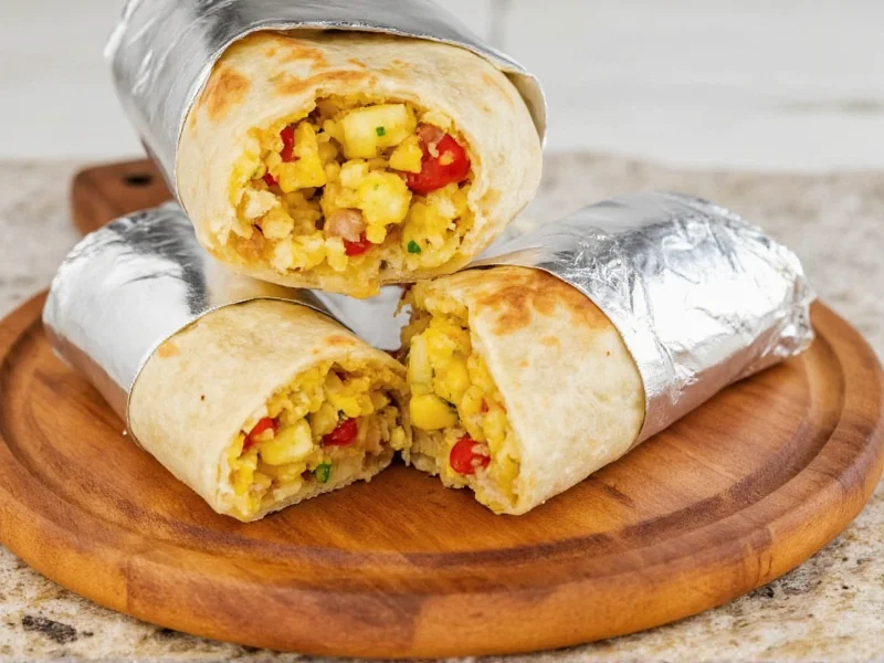 Homemade breakfast burritos wrapped in foil on wooden board