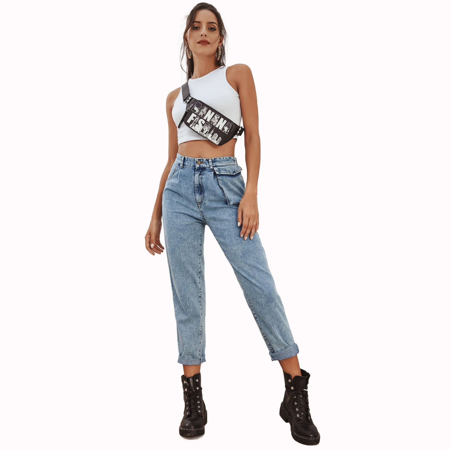 

High Quality Fashion Solid Color Washed High Waist Workwear Patch Pocket Denim Trousers Women's Pants